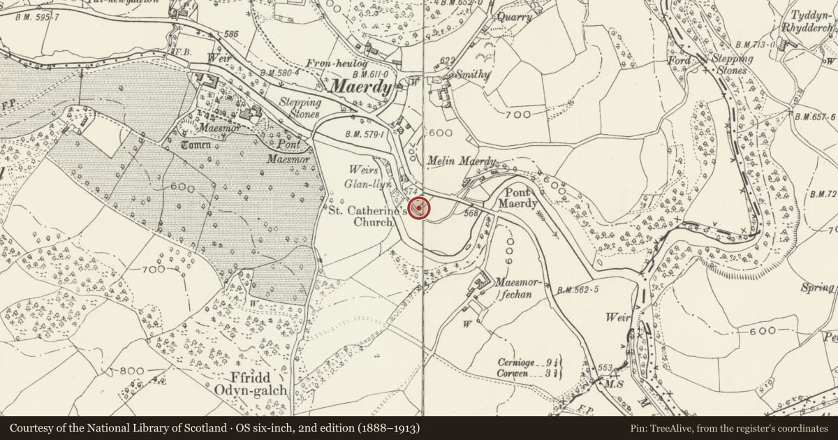 Ordnance Survey six-inch map, 2nd edition (1888–1913) covering the location of Sibieski Wynne Monument in churchyard of the Church of St Catrin, Llangwm, Conwy, with a pin at the register's coordinates
