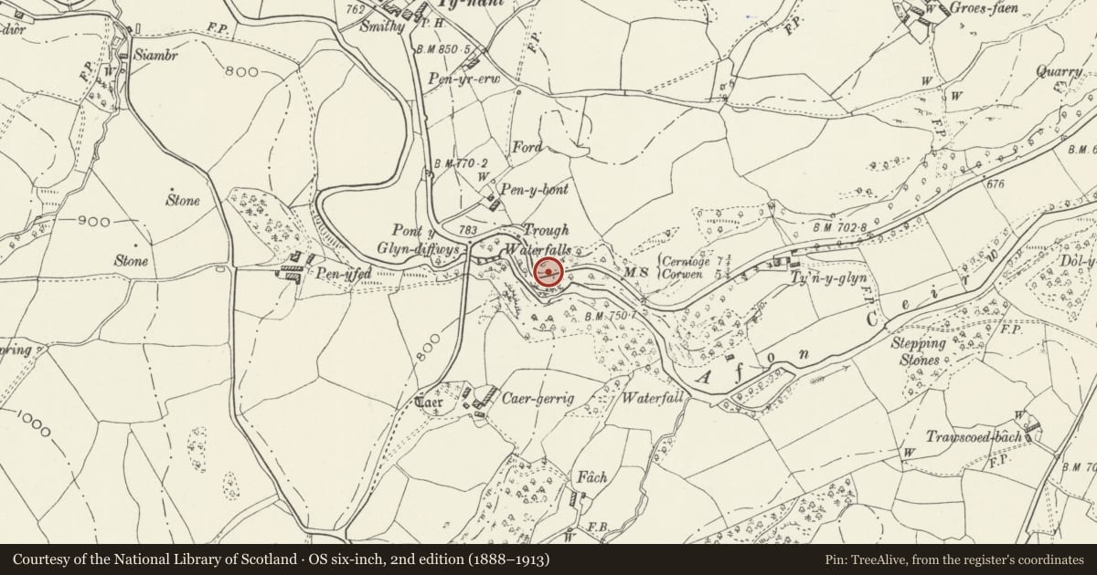 Ordnance Survey six-inch map, 2nd edition (1888–1913) covering the location of Terraced Section of the Holyhead Road, with parapet and retaining wall, Llangwm, Conwy, with a pin at the register's coordinates