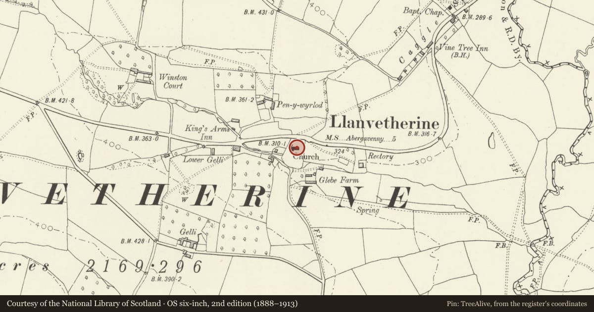 Ordnance Survey six-inch map, 2nd edition (1888–1913) covering the location of Church of St James, Skenfrith, Monmouthshire, with a pin at the register's coordinates