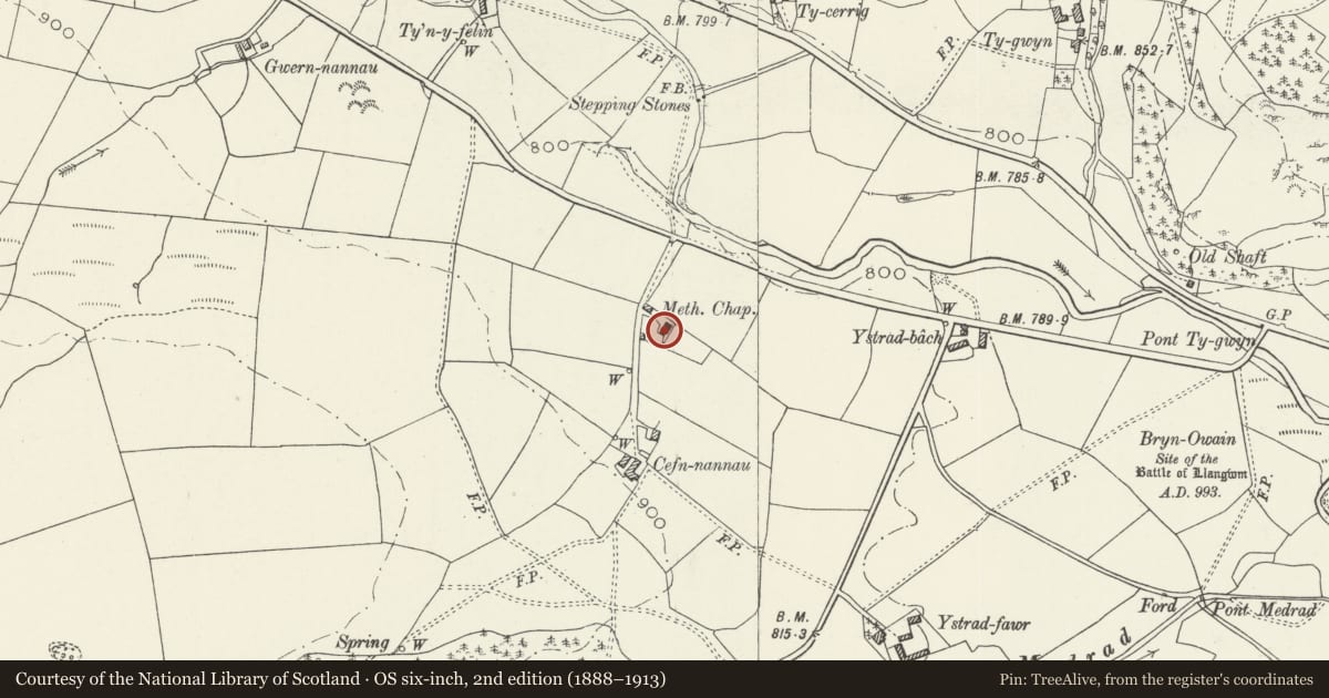 Ordnance Survey six-inch map, 2nd edition (1888–1913) covering the location of Capel M C Cefn Nannau, Llangwm, Conwy, with a pin at the register's coordinates