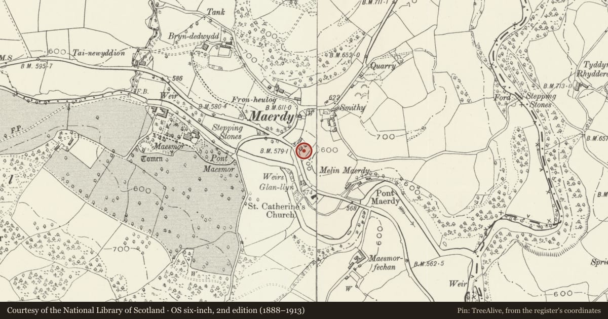 Ordnance Survey six-inch map, 2nd edition (1888–1913) covering the location of Gwesty y Gafr (The Goat Hotel), Llangwm, Conwy, with a pin at the register's coordinates