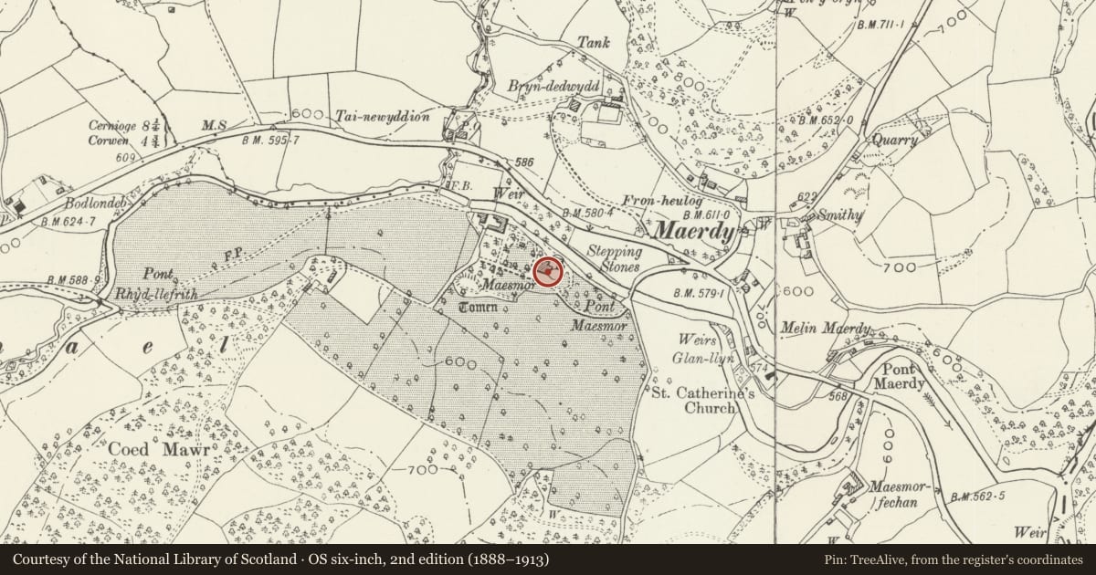 Ordnance Survey six-inch map, 2nd edition (1888–1913) covering the location of Maesmor Hall, Llangwm, Conwy, with a pin at the register's coordinates