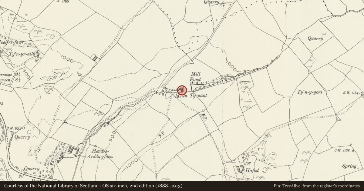 Ordnance Survey six-inch map, 2nd edition (1888–1913) covering the location of Melin Pen-y-gaer, aka Ty-nant Mill, Llangwm, Conwy, with a pin at the register's coordinates