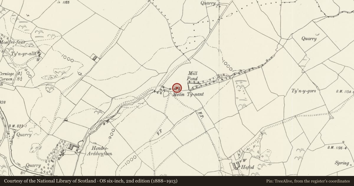 Ordnance Survey six-inch map, 2nd edition (1888–1913) covering the location of Kiln House (roddyn) at Melin Pen-y-gaer, Llangwm, Conwy, with a pin at the register's coordinates