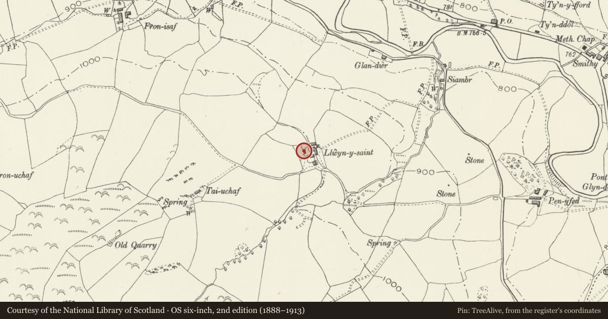 Ordnance Survey six-inch map, 2nd edition (1888–1913) covering the location of Barn at Llwyn-y-saint, Llangwm, Conwy, with a pin at the register's coordinates