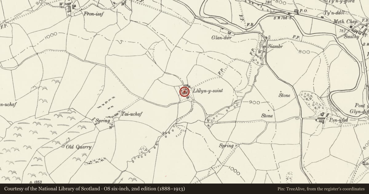 Ordnance Survey six-inch map, 2nd edition (1888–1913) covering the location of Llwyn-y-saint, Llangwm, Conwy, with a pin at the register's coordinates
