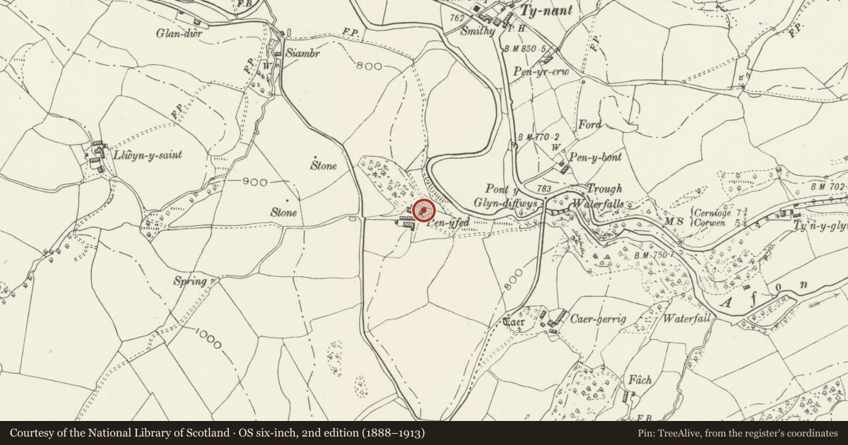 Ordnance Survey six-inch map, 2nd edition (1888–1913) covering the location of Cartshed/Granary at Pen-yfed, Llangwm, Conwy, with a pin at the register's coordinates
