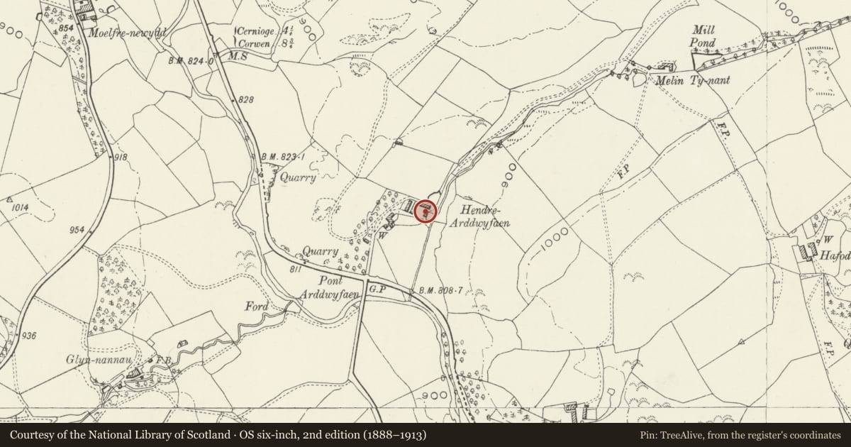 Ordnance Survey six-inch map, 2nd edition (1888–1913) covering the location of Carthouse in farmyard NE of Hendre Arddwyfaen, Llangwm, Conwy, with a pin at the register's coordinates