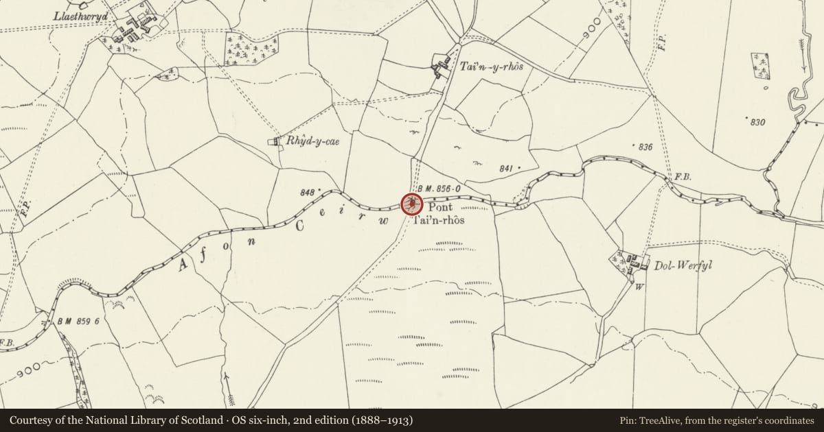 Ordnance Survey six-inch map, 2nd edition (1888–1913) covering the location of Pont Tai'n-rhos, aka Pont-yr-ebach (partly in Cerrigydrudion Community), Llangwm, Conwy, with a pin at the register's coordinates