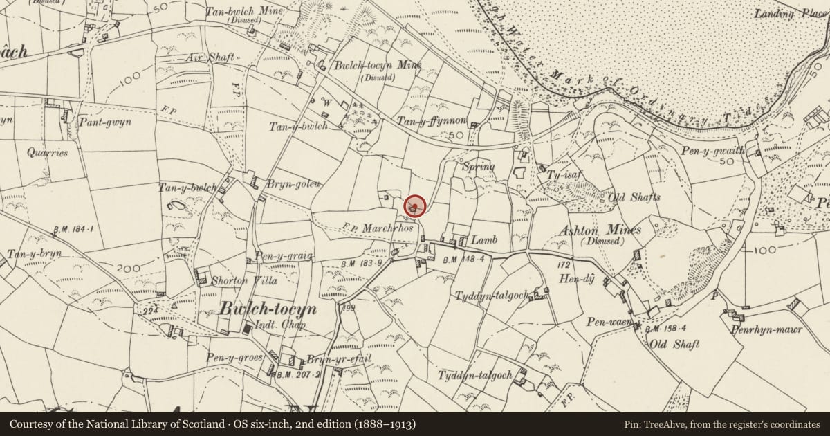 Ordnance Survey six-inch map, 2nd edition (1888–1913) covering the location of Machroes Farmhouse, Llanengan, Gwynedd, with a pin at the register's coordinates