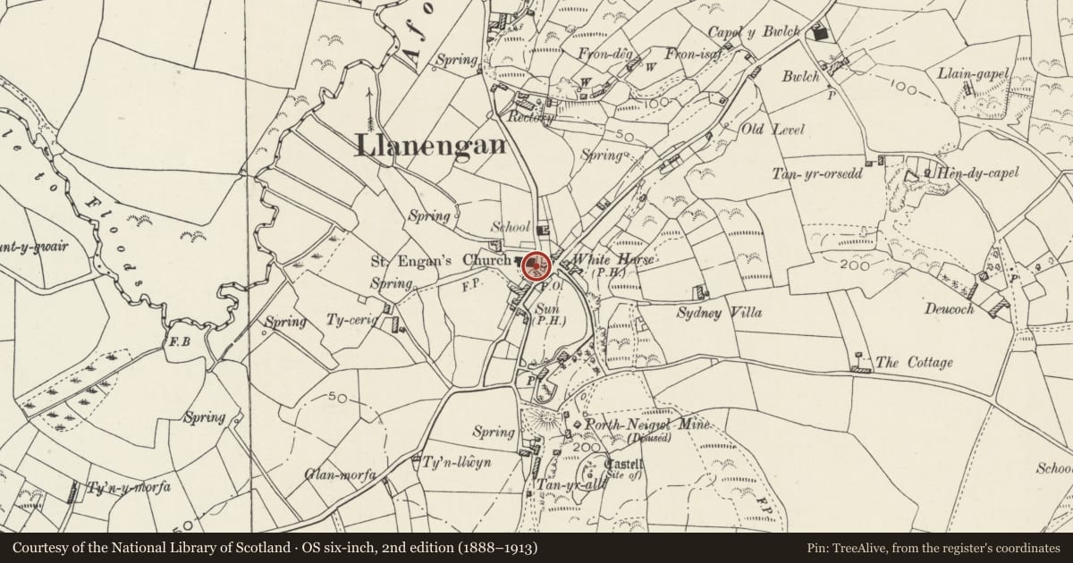 Ordnance Survey six-inch map, 2nd edition (1888–1913) covering the location of Churchyard Wall and Gate E of Church of St Engan, Llanengan, Gwynedd, with a pin at the register's coordinates
