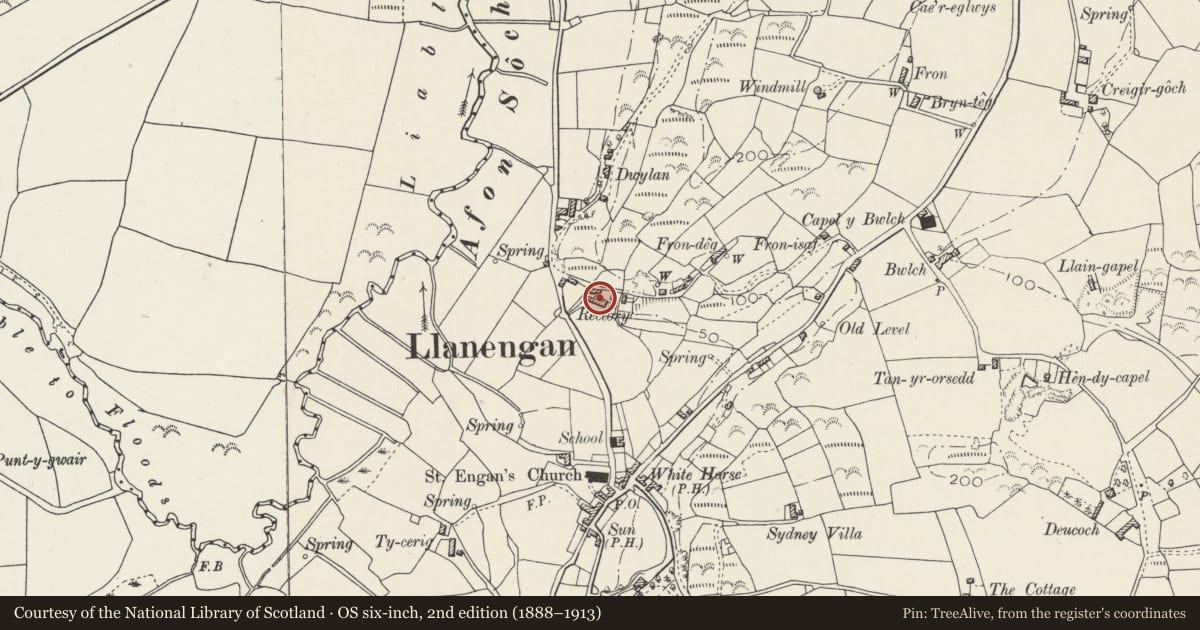 Ordnance Survey six-inch map, 2nd edition (1888–1913) covering the location of The Old Rectory, Llanengan, Gwynedd, with a pin at the register's coordinates