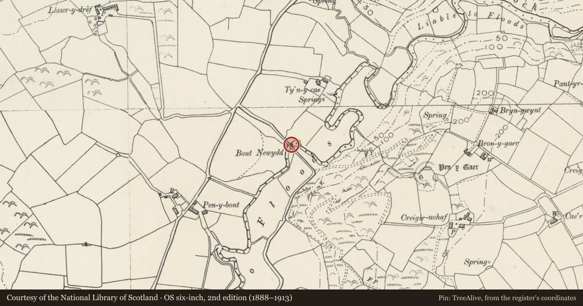 Ordnance Survey six-inch map, 2nd edition (1888–1913) covering the location of Bont Newydd, Llanengan, Gwynedd, with a pin at the register's coordinates