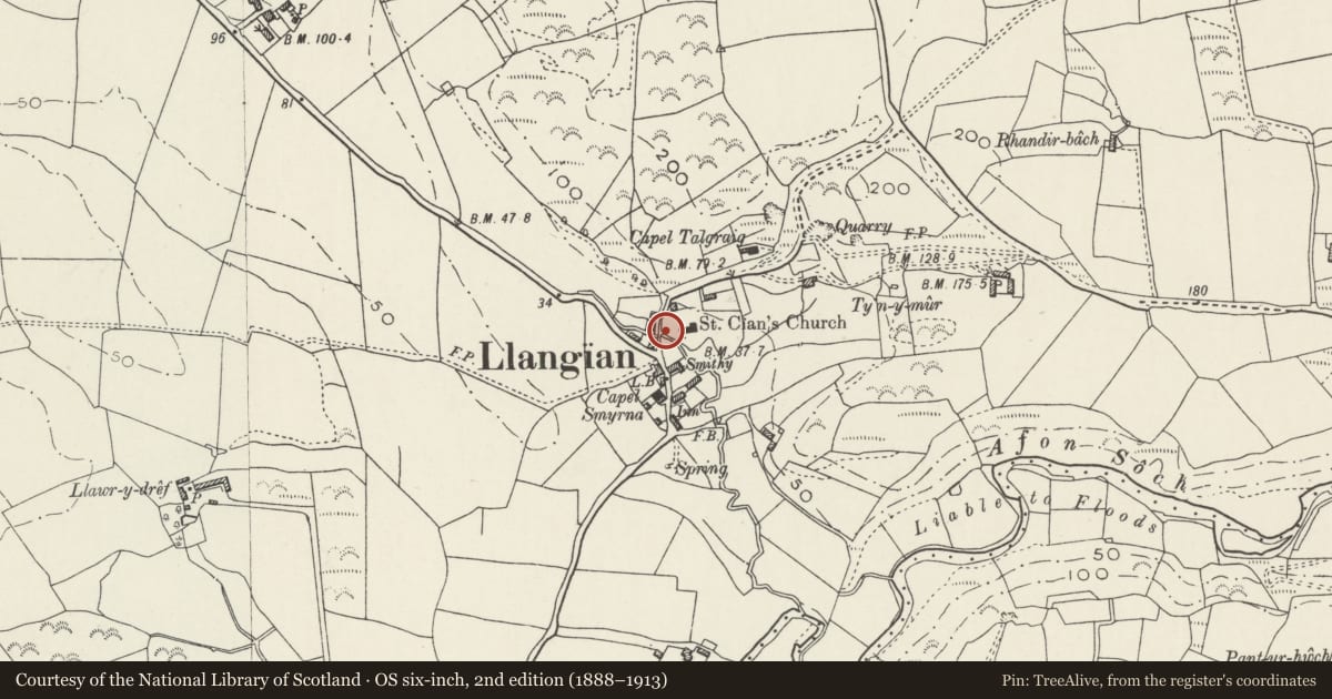 Ordnance Survey six-inch map, 2nd edition (1888–1913) covering the location of Lychgate to Church of St Cian, Llanengan, Gwynedd, with a pin at the register's coordinates
