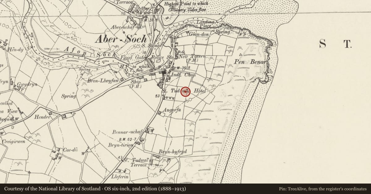 Ordnance Survey six-inch map, 2nd edition (1888–1913) covering the location of Garth, Llanengan, Gwynedd, with a pin at the register's coordinates