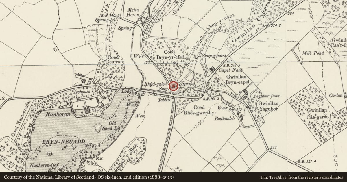 Ordnance Survey six-inch map, 2nd edition (1888–1913) covering the location of Rhydgaled, Llanengan, Gwynedd, with a pin at the register's coordinates