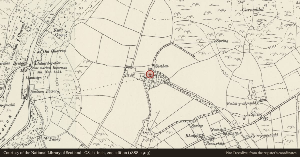 Ordnance Survey six-inch map, 2nd edition (1888–1913) covering the location of Outbuilding to E of Saethon, Llanengan, Gwynedd, with a pin at the register's coordinates
