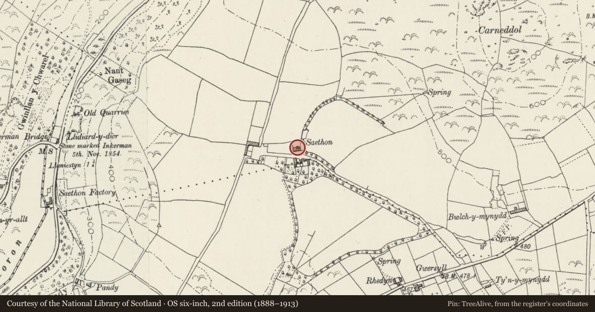 Ordnance Survey six-inch map, 2nd edition (1888–1913) covering the location of Outbuilding to N of Saethon, Llanengan, Gwynedd, with a pin at the register's coordinates