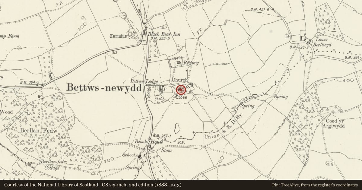 Ordnance Survey six-inch map, 2nd edition (1888–1913) covering the location of Bettws Newydd Church, Llanarth, Monmouthshire, with a pin at the register's coordinates