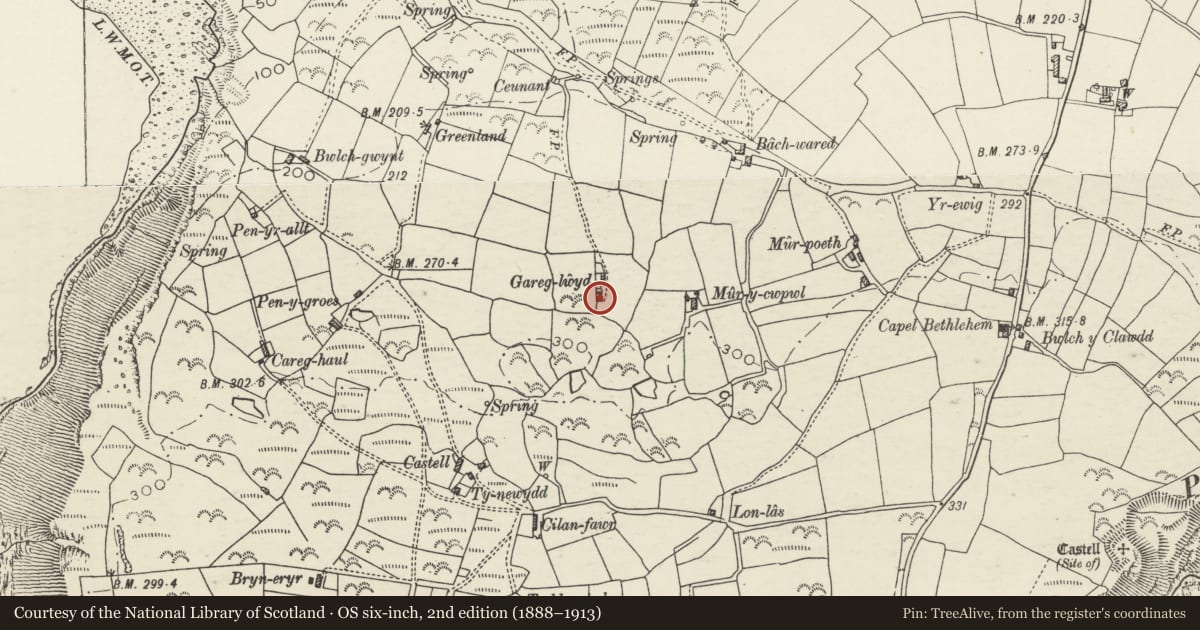 Ordnance Survey six-inch map, 2nd edition (1888–1913) covering the location of Garreglwyd, Llanengan, Gwynedd, with a pin at the register's coordinates