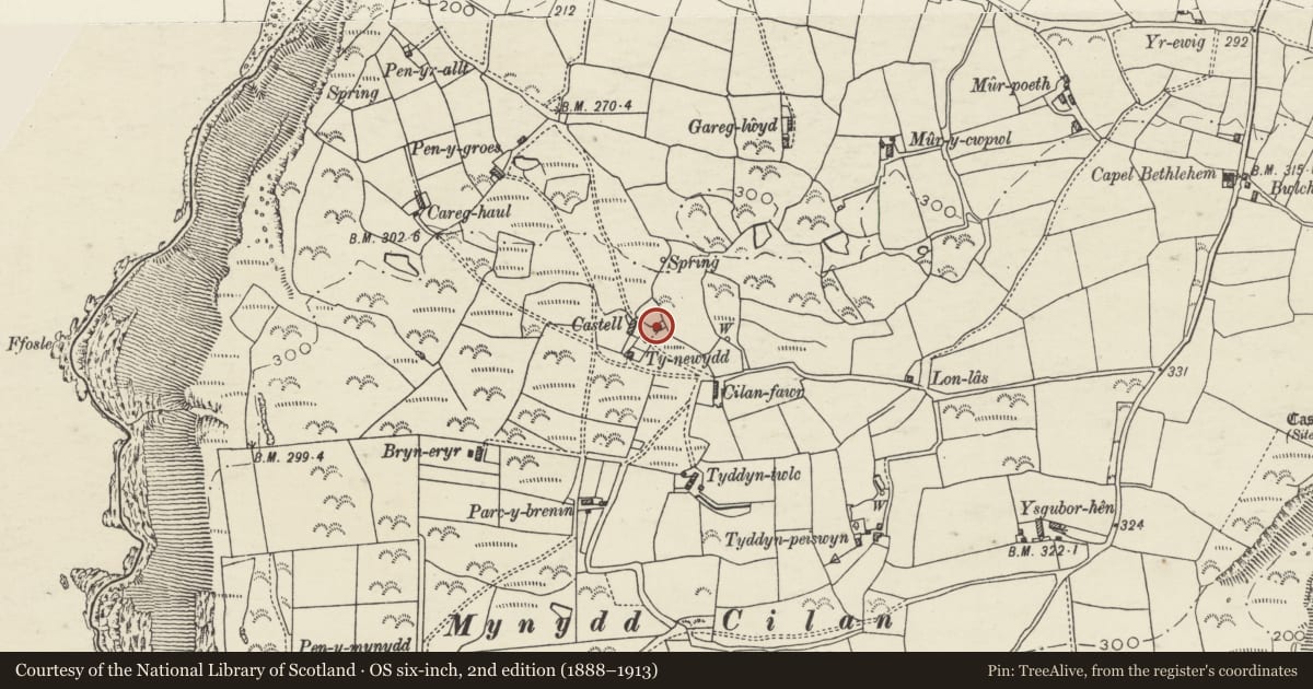 Ordnance Survey six-inch map, 2nd edition (1888–1913) covering the location of Castell Cottage, Llanengan, Gwynedd, with a pin at the register's coordinates