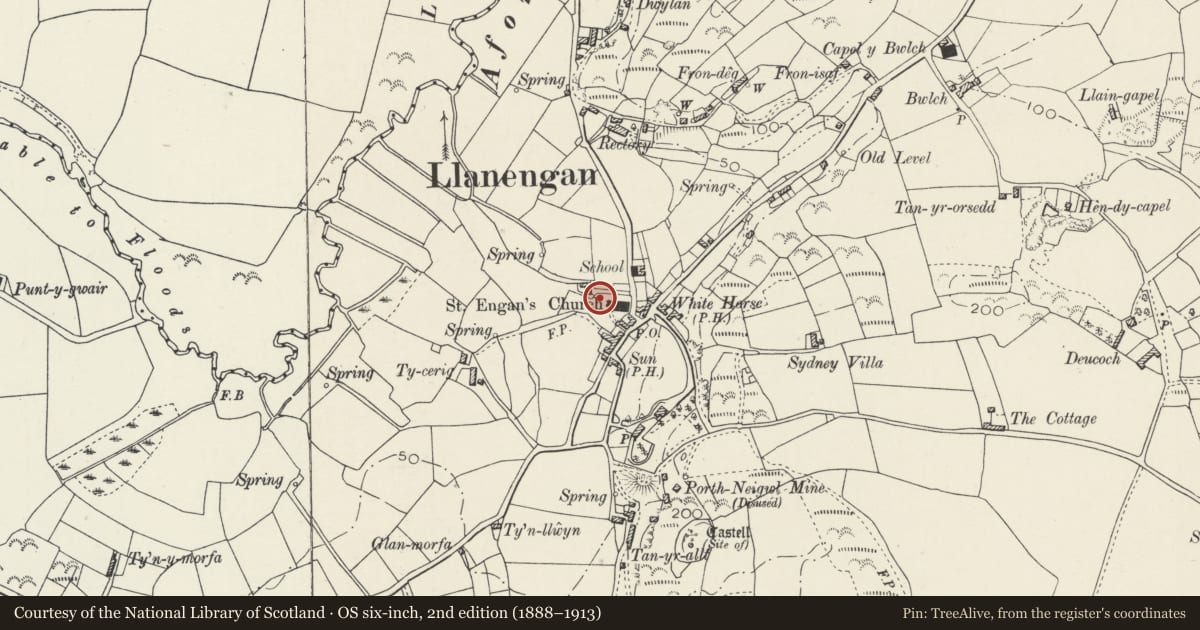 Ordnance Survey six-inch map, 2nd edition (1888–1913) covering the location of Railed Enclosures in churchyard of Church of St Engan, Llanengan, Gwynedd, with a pin at the register's coordinates