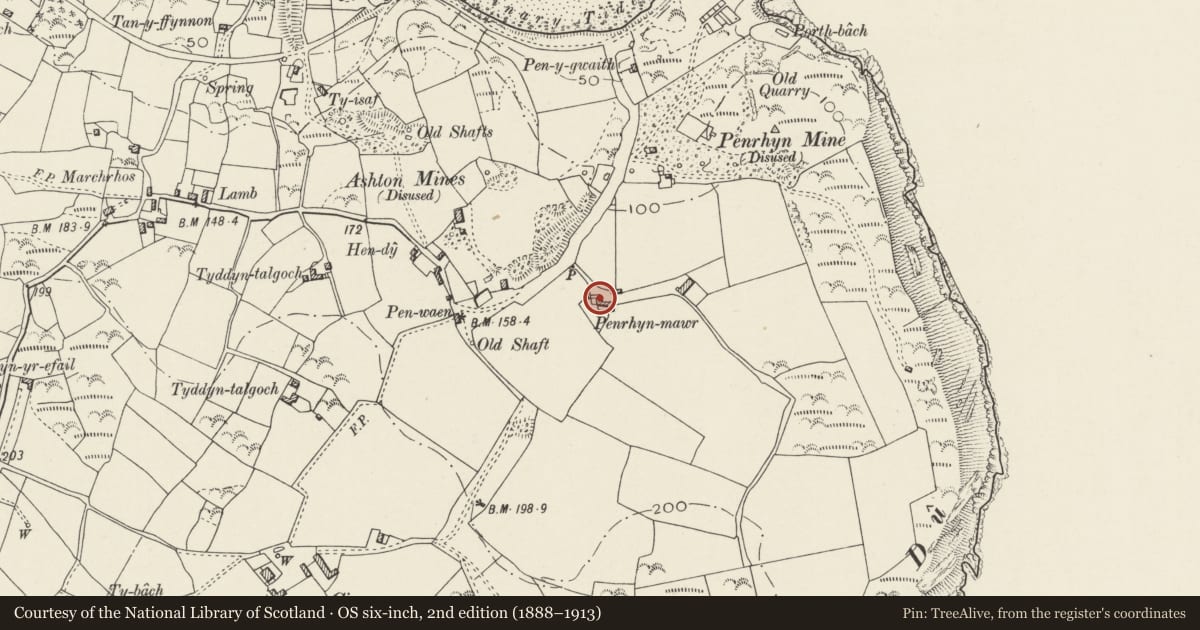 Ordnance Survey six-inch map, 2nd edition (1888–1913) covering the location of Penrhynmawr, Llanengan, Gwynedd, with a pin at the register's coordinates