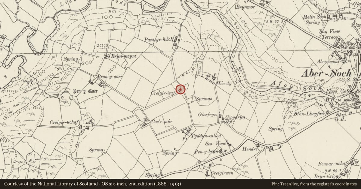 Ordnance Survey six-inch map, 2nd edition (1888–1913) covering the location of Creigir Isaf, Llanengan, Gwynedd, with a pin at the register's coordinates