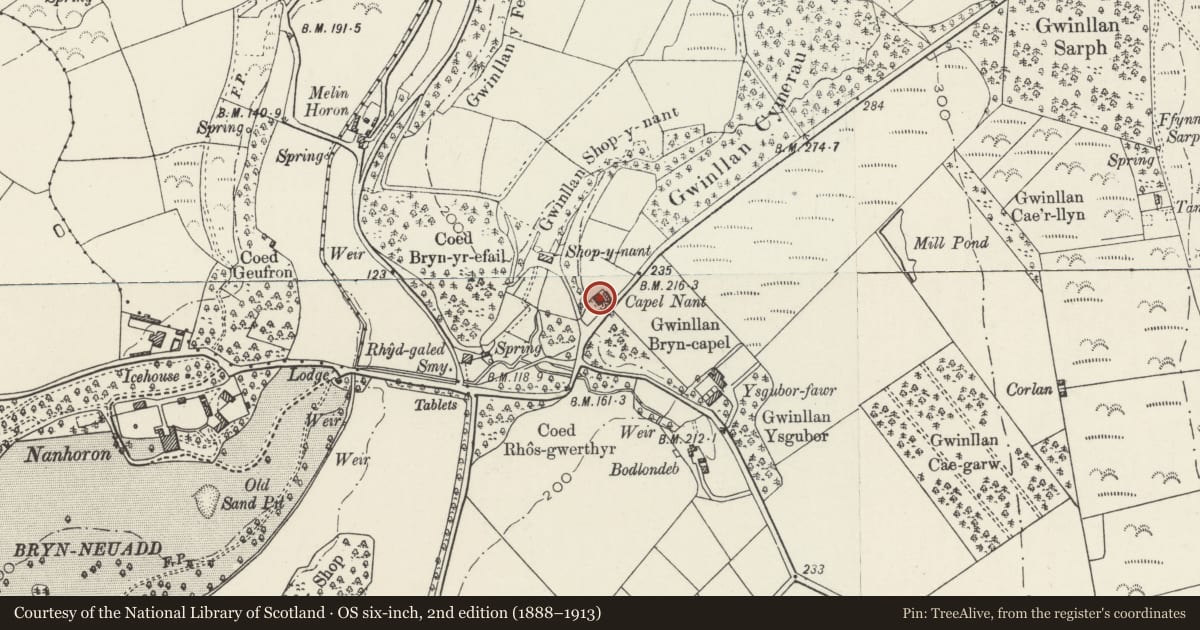 Ordnance Survey six-inch map, 2nd edition (1888–1913) covering the location of Capel Nant, Llanengan, Gwynedd, with a pin at the register's coordinates