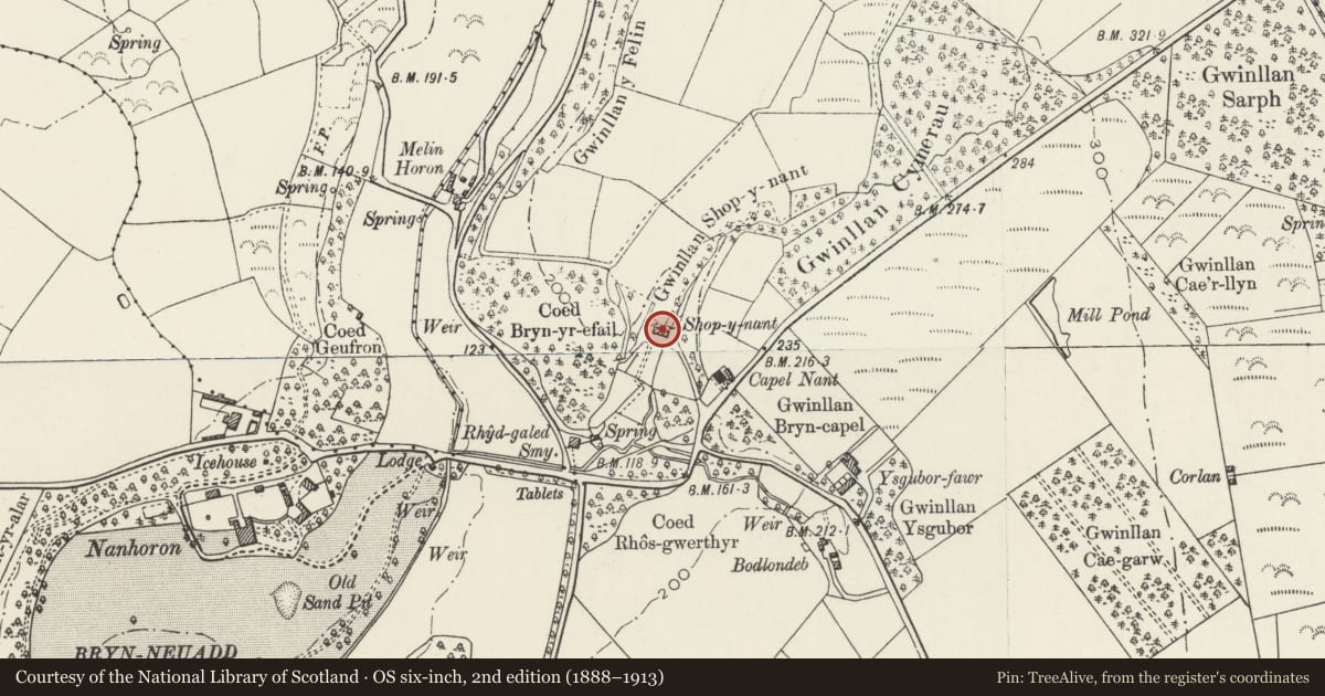 Ordnance Survey six-inch map, 2nd edition (1888–1913) covering the location of Siop-y-Nant, Llanengan, Gwynedd, with a pin at the register's coordinates