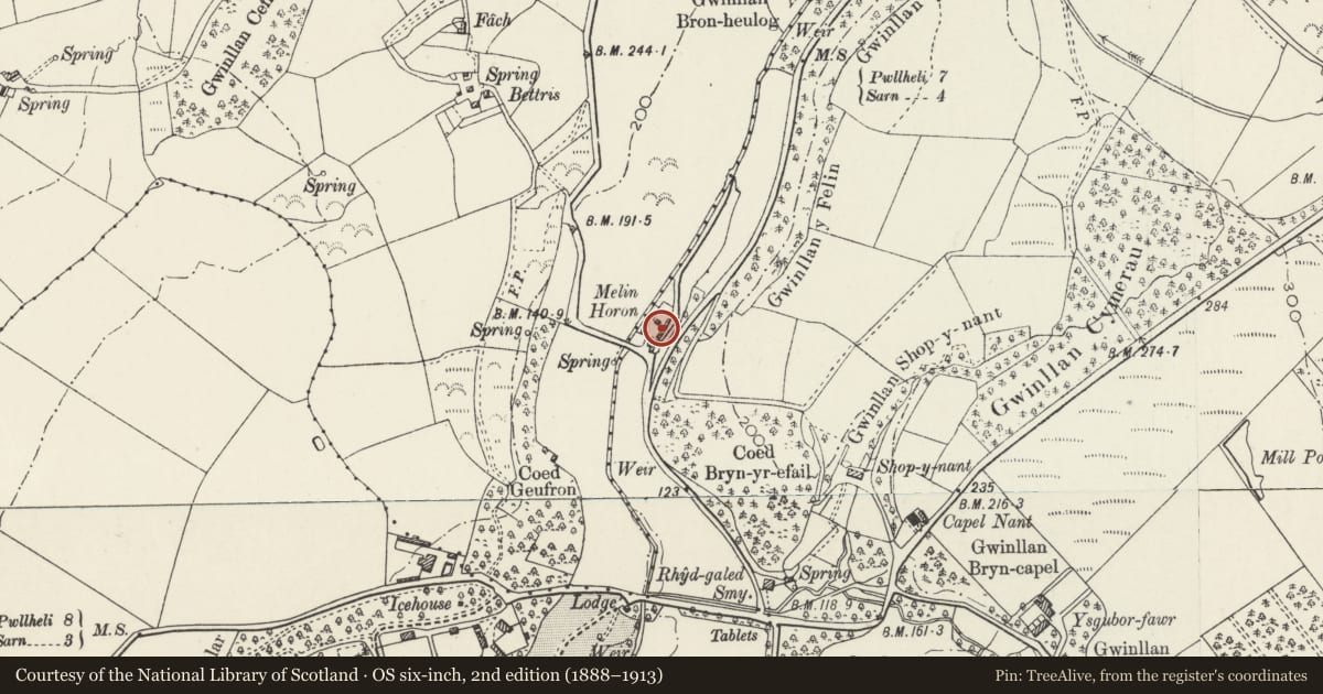 Ordnance Survey six-inch map, 2nd edition (1888–1913) covering the location of Mill at Felin Newydd, Llanengan, Gwynedd, with a pin at the register's coordinates