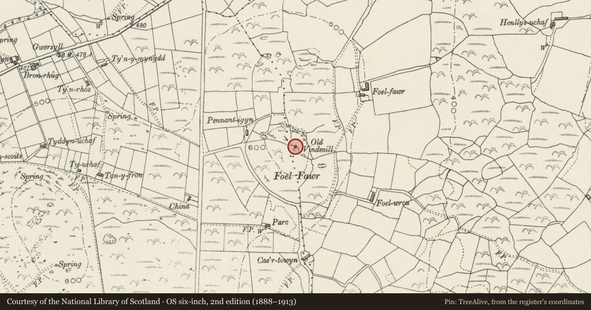 Ordnance Survey six-inch map, 2nd edition (1888–1913) covering the location of Windmill Tower on Foel Fawr, Llanengan, Gwynedd, with a pin at the register's coordinates