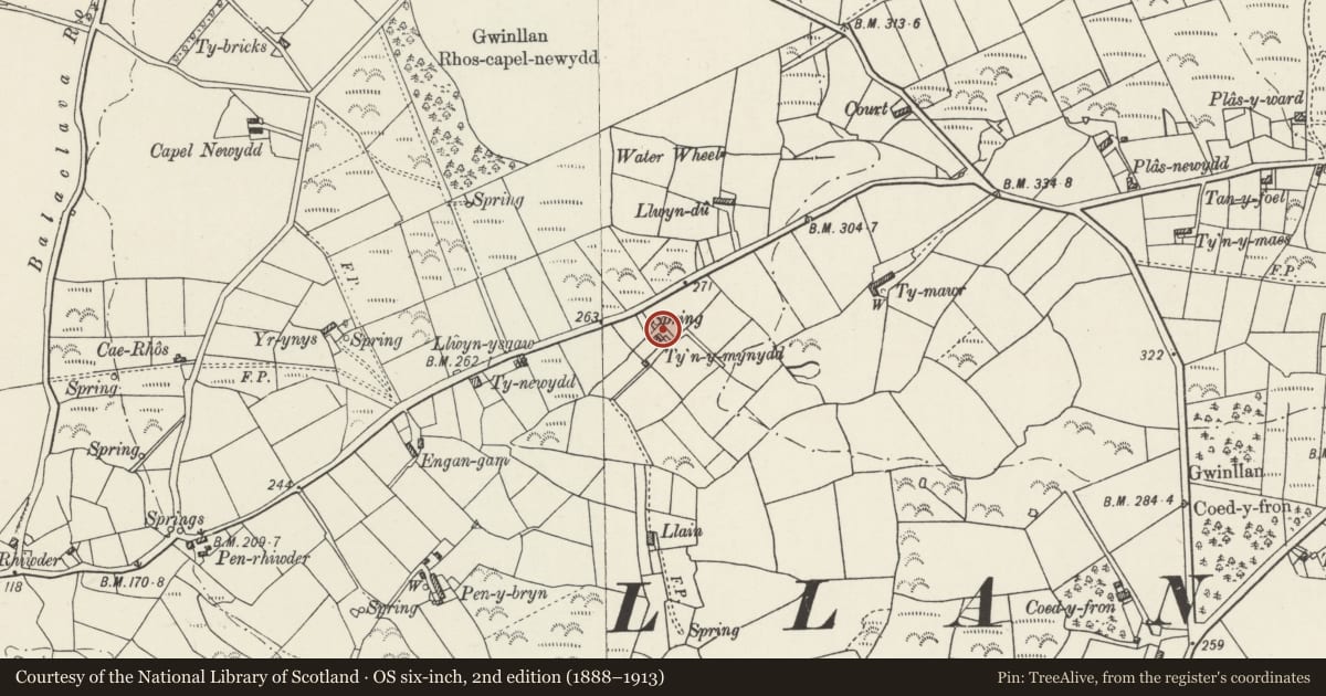 Ordnance Survey six-inch map, 2nd edition (1888–1913) covering the location of Ty'n-y-mynydd, Llanengan, Gwynedd, with a pin at the register's coordinates
