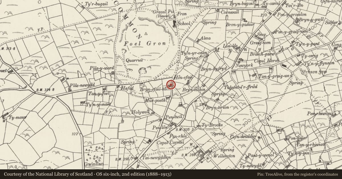 Ordnance Survey six-inch map, 2nd edition (1888–1913) covering the location of Bryn-yr-efail, Llanengan, Gwynedd, with a pin at the register's coordinates