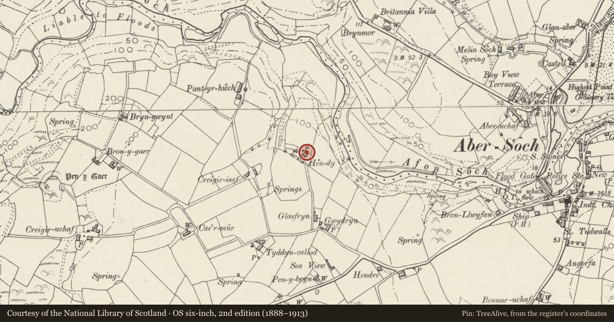 Ordnance Survey six-inch map, 2nd edition (1888–1913) covering the location of Hendy, Llanengan, Gwynedd, with a pin at the register's coordinates