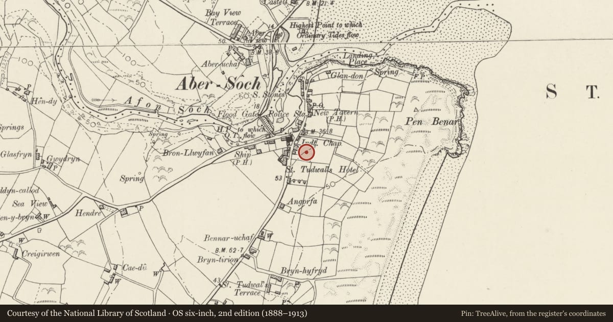 Ordnance Survey six-inch map, 2nd edition (1888–1913) covering the location of The Lodge at Haulfryn, Llanengan, Gwynedd, with a pin at the register's coordinates
