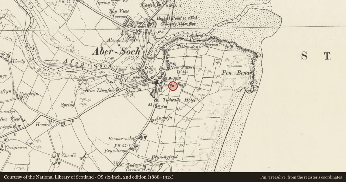 Ordnance Survey six-inch map, 2nd edition (1888–1913) covering the location of The Squash Court at Haulfryn, Llanengan, Gwynedd, with a pin at the register's coordinates