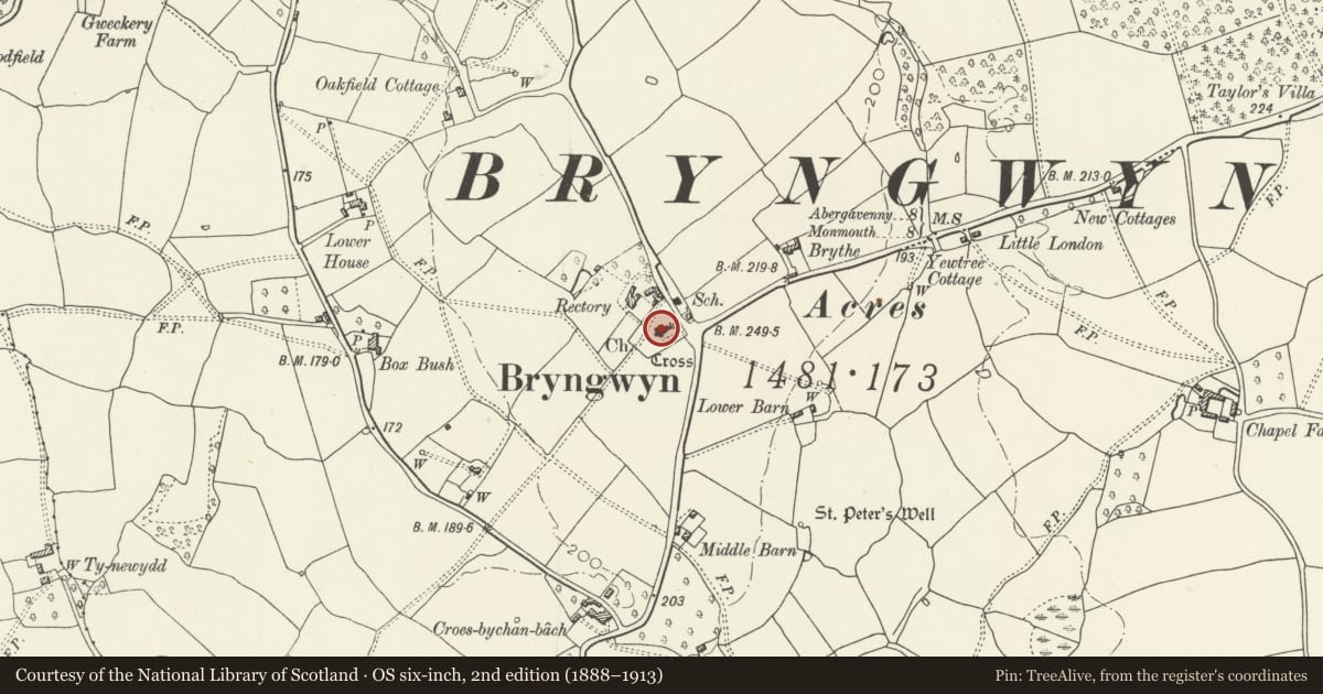 Ordnance Survey six-inch map, 2nd edition (1888–1913) covering the location of Church of Saint Peter, Llanarth, Monmouthshire, with a pin at the register's coordinates
