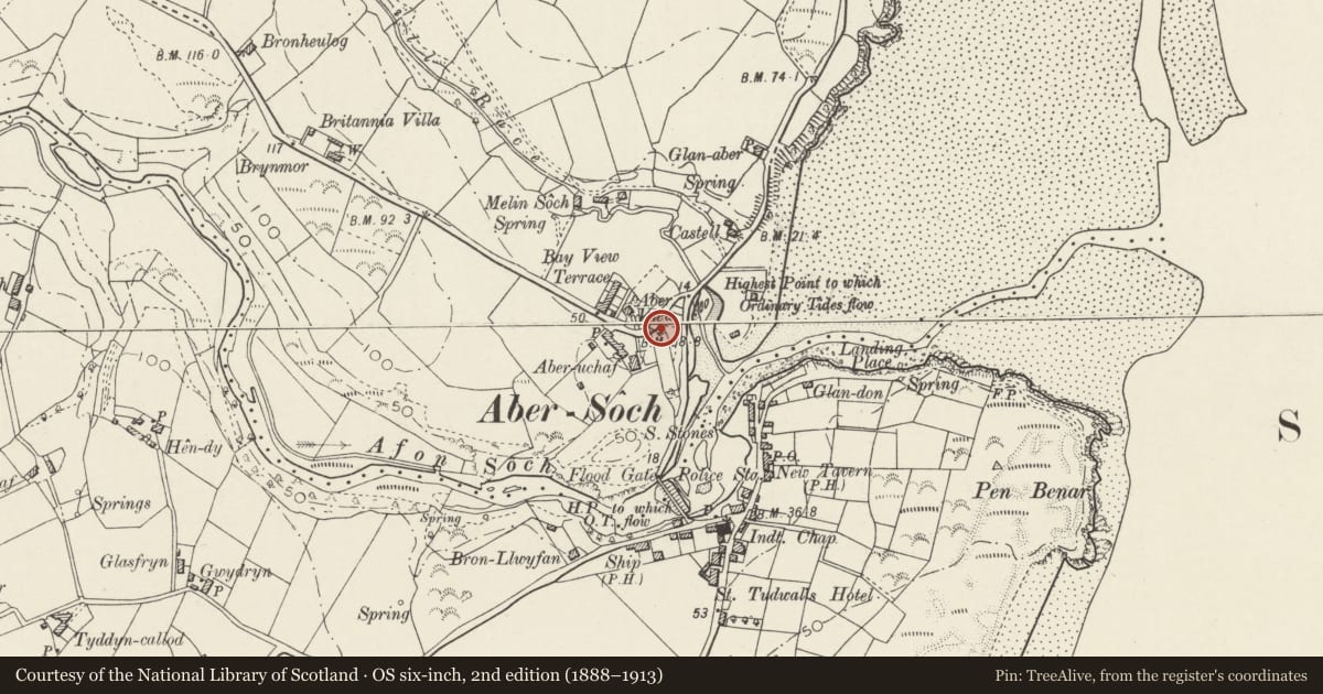 Ordnance Survey six-inch map, 2nd edition (1888–1913) covering the location of Penygraig, Llanengan, Gwynedd, with a pin at the register's coordinates