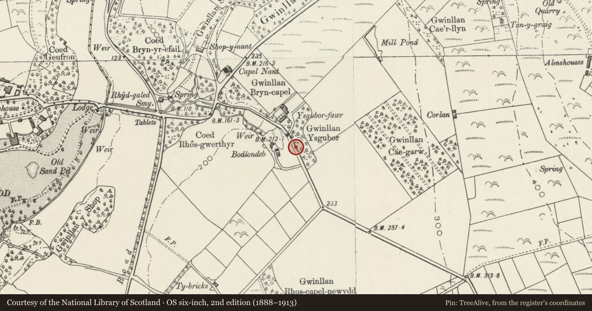 Ordnance Survey six-inch map, 2nd edition (1888–1913) covering the location of Milestone, Llanengan, Gwynedd, with a pin at the register's coordinates