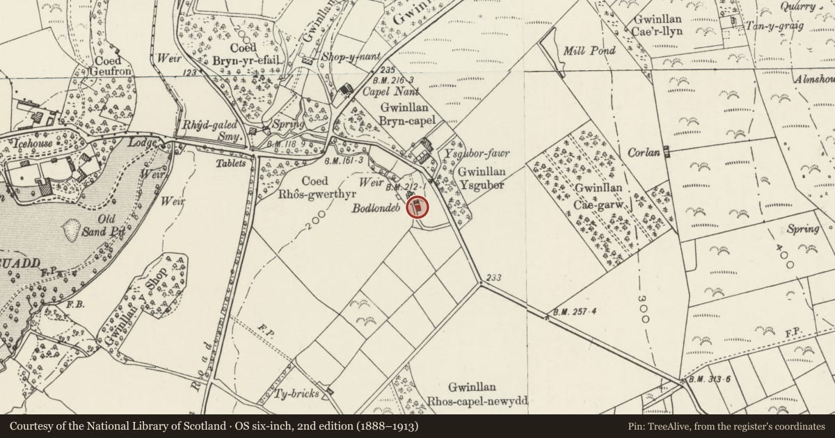 Ordnance Survey six-inch map, 2nd edition (1888–1913) covering the location of Bodlondeb, Llanengan, Gwynedd, with a pin at the register's coordinates