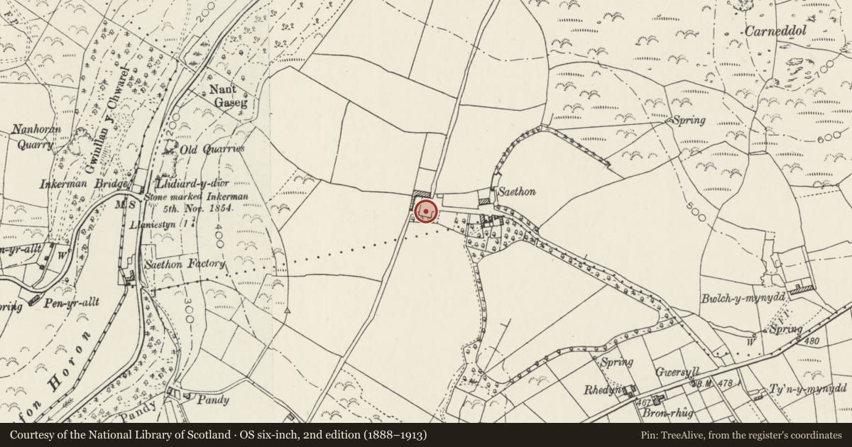 Ordnance Survey six-inch map, 2nd edition (1888–1913) covering the location of Barn and Stable Range W of Saethon, Llanengan, Gwynedd, with a pin at the register's coordinates