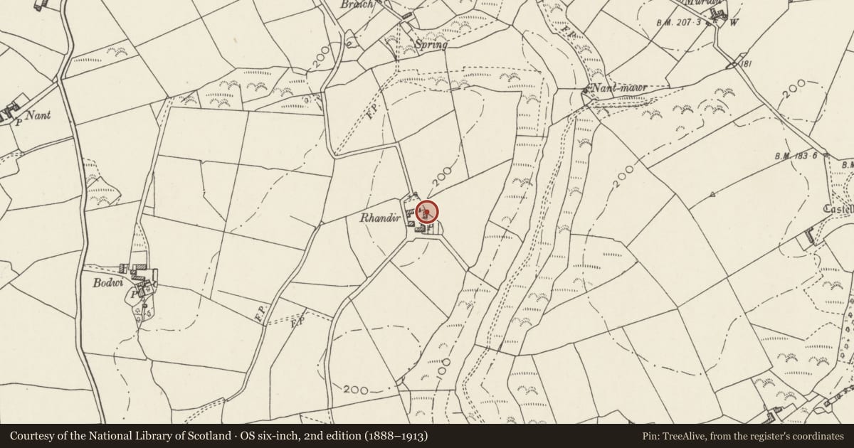 Ordnance Survey six-inch map, 2nd edition (1888–1913) covering the location of Poultry House at Rhandir, Llanengan, Gwynedd, with a pin at the register's coordinates