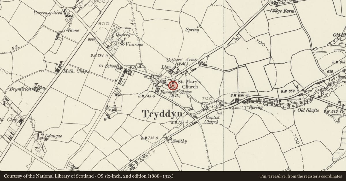 Ordnance Survey six-inch map, 2nd edition (1888–1913) covering the location of Sundial in the churchyard of St Mary's Church, Treuddyn, Flintshire, with a pin at the register's coordinates