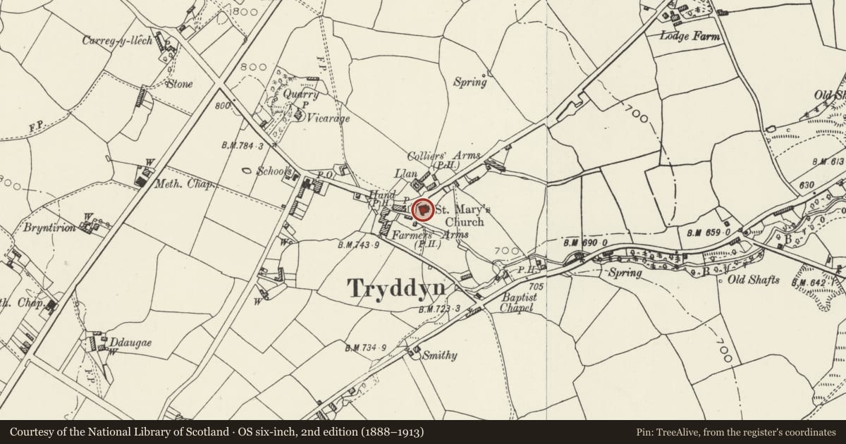 Ordnance Survey six-inch map, 2nd edition (1888–1913) covering the location of St Mary's Church, Treuddyn, Flintshire, with a pin at the register's coordinates