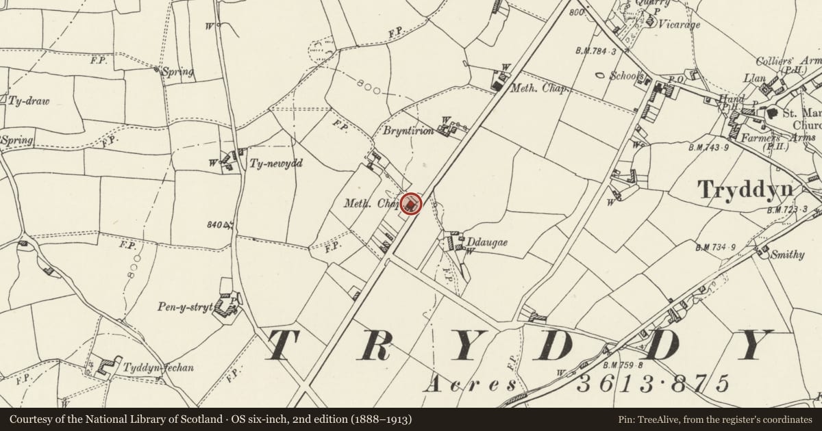 Ordnance Survey six-inch map, 2nd edition (1888–1913) covering the location of Jerusalem Chapel, Treuddyn, Flintshire, with a pin at the register's coordinates