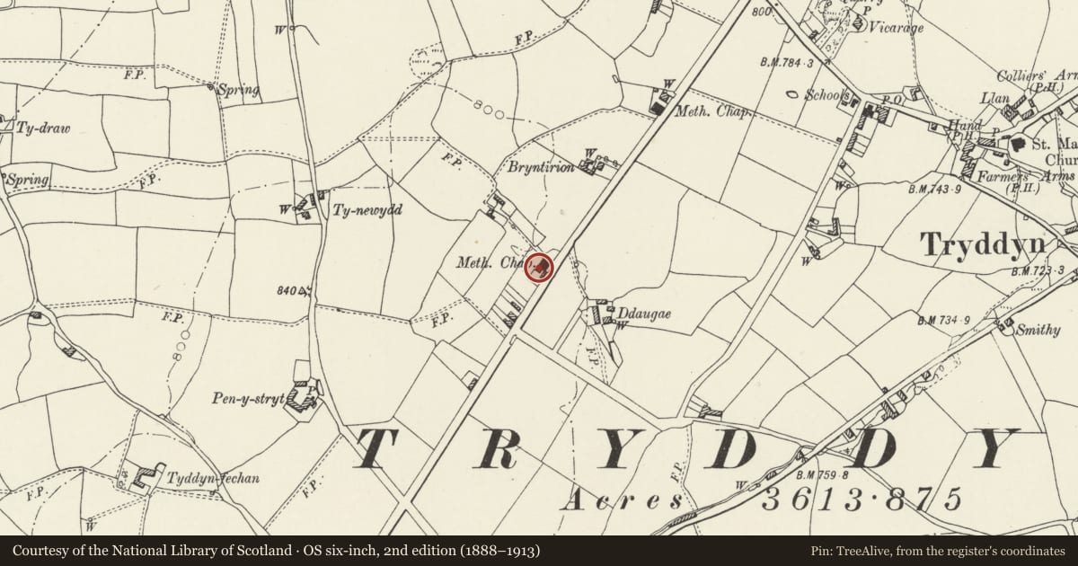 Ordnance Survey six-inch map, 2nd edition (1888–1913) covering the location of Former School Room at Jerusalem Chapel, Treuddyn, Flintshire, with a pin at the register's coordinates