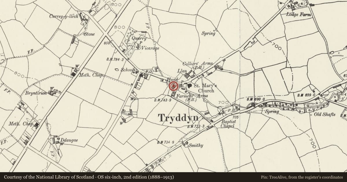 Ordnance Survey six-inch map, 2nd edition (1888–1913) covering the location of Treuddyn Village Stores, Flintshire, with a pin at the register's coordinates