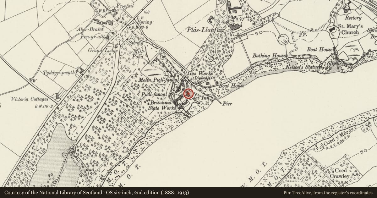 Ordnance Survey six-inch map, 2nd edition (1888–1913) covering the location of Min y Mor, Llanfair Pwllgwyngyll, Isle of Anglesey, with a pin at the register's coordinates