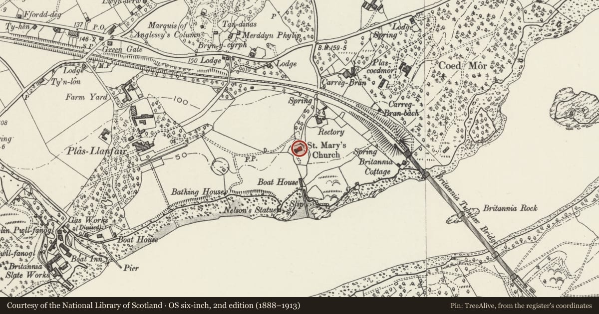 Ordnance Survey six-inch map, 2nd edition (1888–1913) covering the location of Church of St. Mary, Llanfairpwll, Llanfair Pwllgwyngyll, Isle of Anglesey, with a pin at the register's coordinates